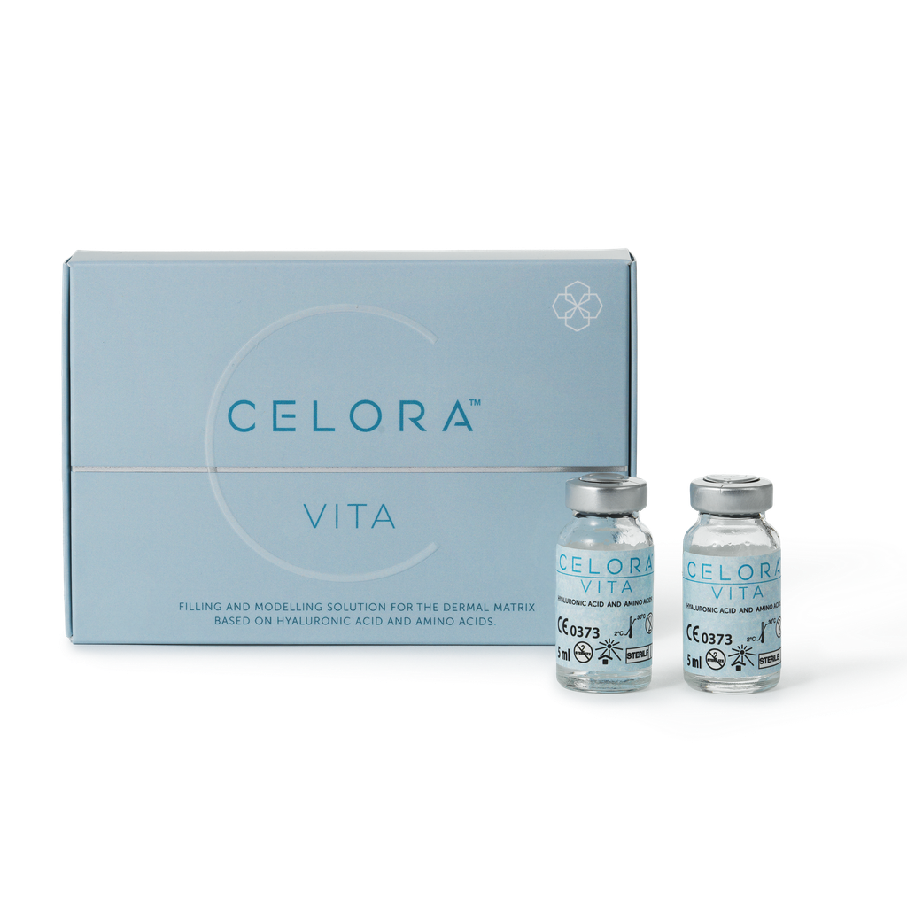 A box and two small vials labeled Celora Vita, containing hyaluronic acid and amino acids for dermal matrix treatment.