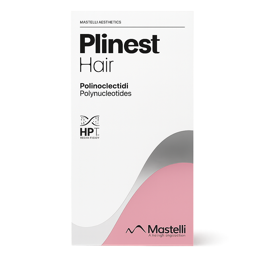 Packaging box for a hair product labeled 'Plinest Hair' with 'Polinucleotide' underneath, featuring a logo with DNA strands and the brand name 'Mastelli' at the bottom.