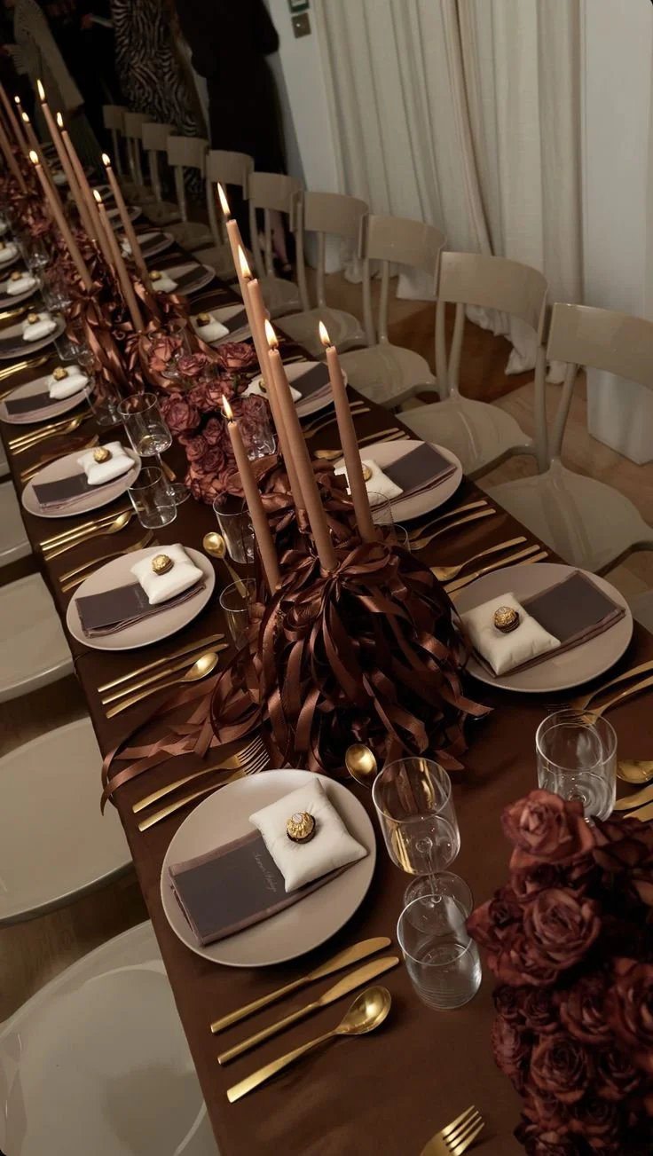 Elegant dinner table with brown and gold decorations, tall pink candles in brown ribbons, white plates, gold flatware, and small wrapped chocolates on napkins.