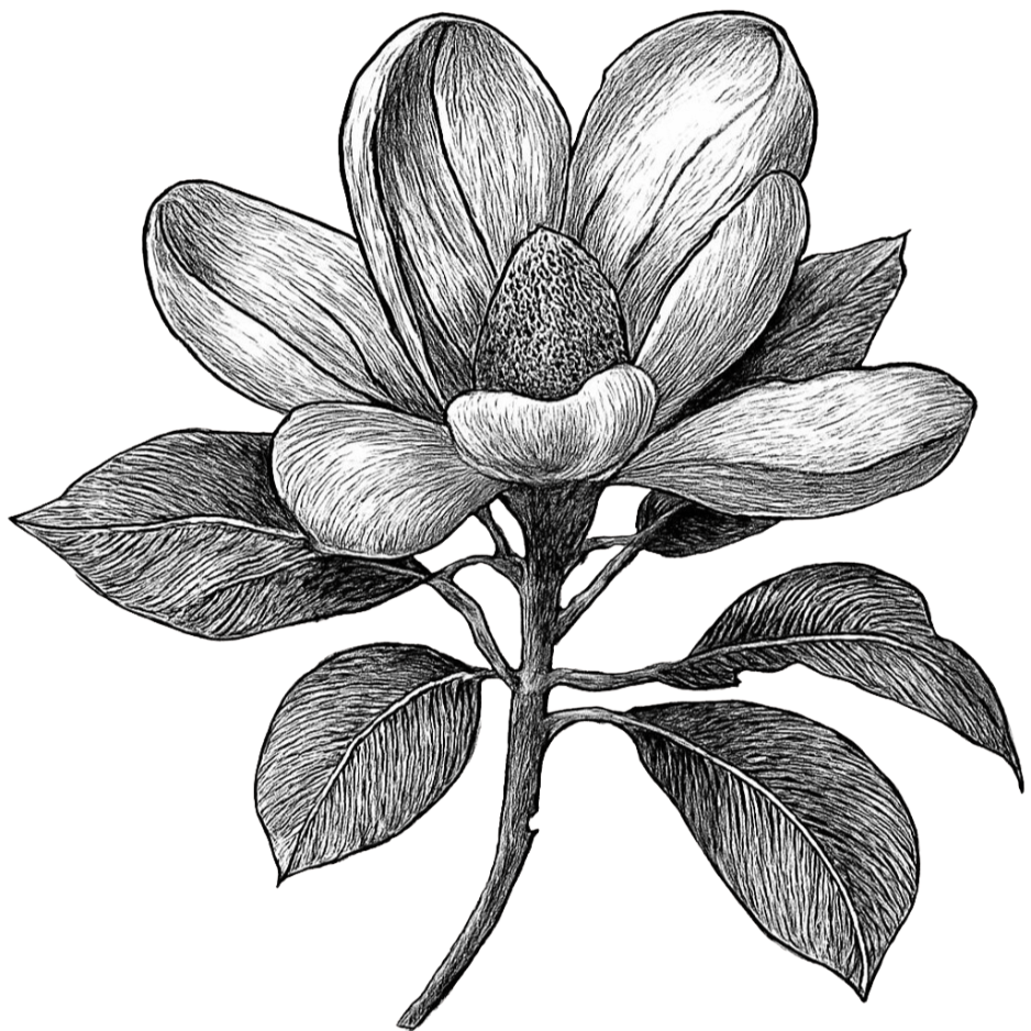 A detailed black and white sketch of a magnolia flower with multiple petals and leaves.