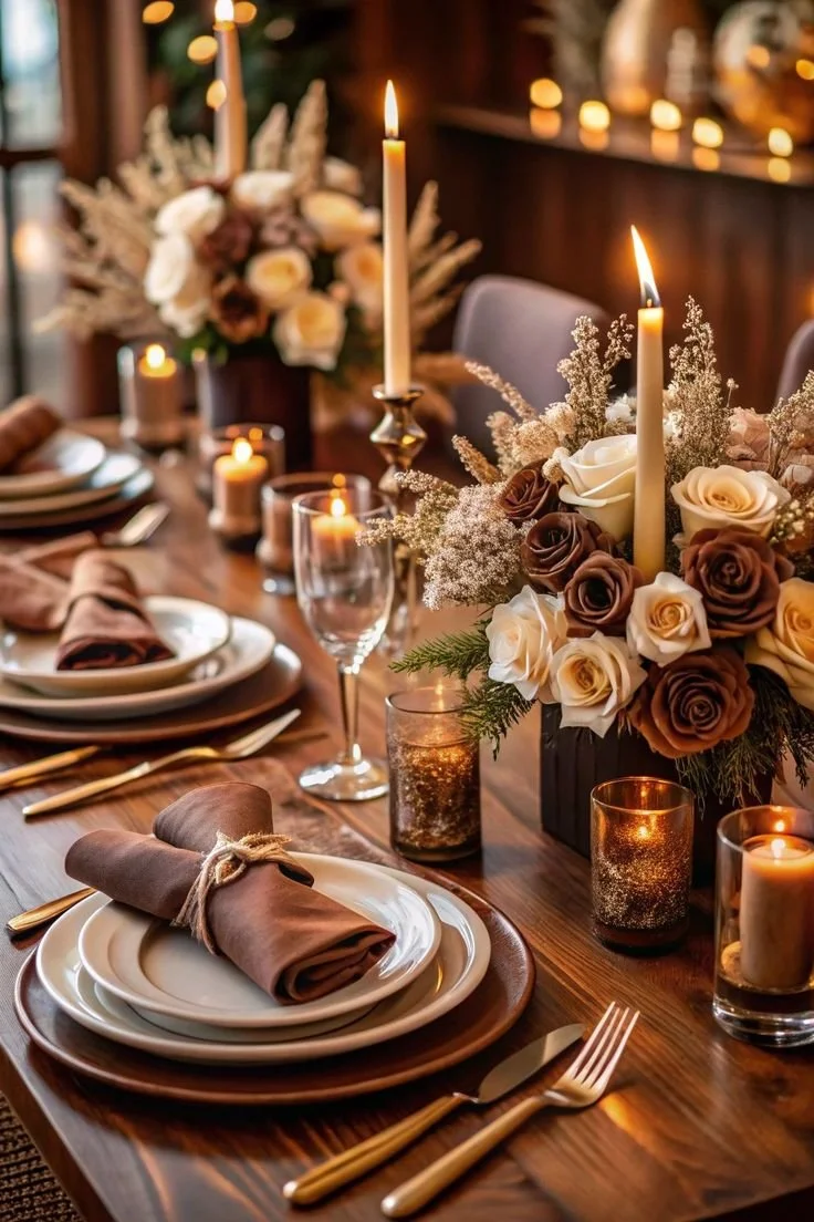 Elegant dinner table decorated with floral arrangements, tall lit candles, and small lit candles, set with plates, glasses, napkins, and gold utensils.