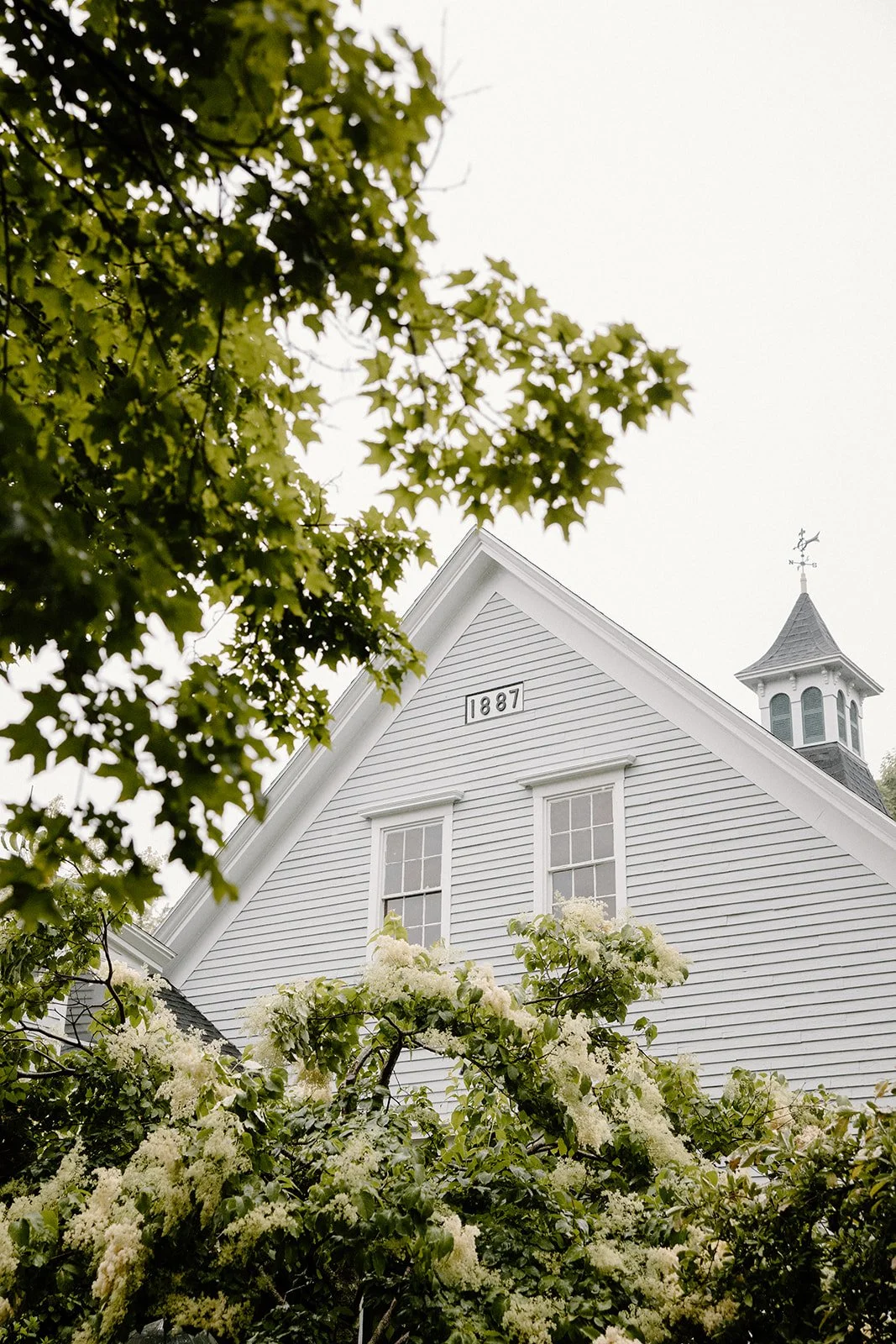 White wooden church with a steeple and the year 1887 on its facade, viewed partially through lush green leaves and white flowering bushes.
