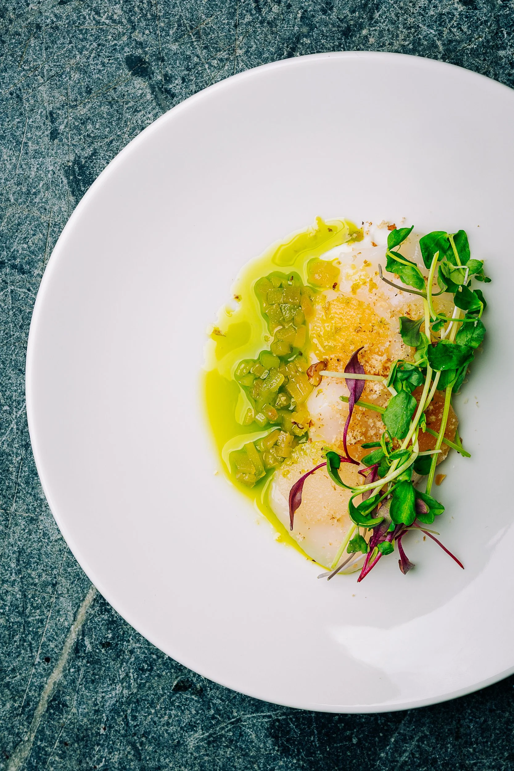 A gourmet dish with white fish, green diced vegetables, microgreens, and a drizzle of green sauce on a white plate.