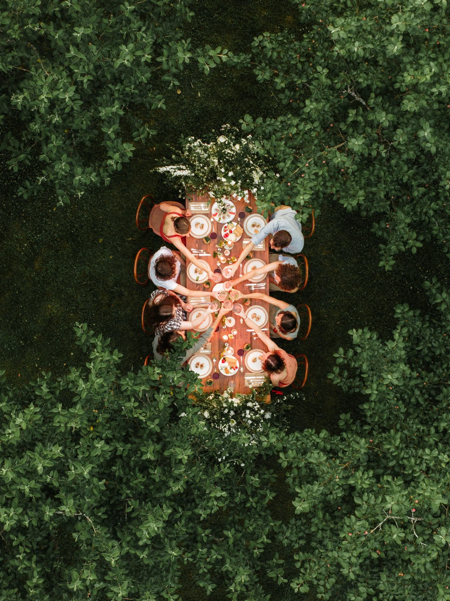A group of people sitting around a long outdoor dining table, holding hands in a toast, on a green lawn surrounded by trees.