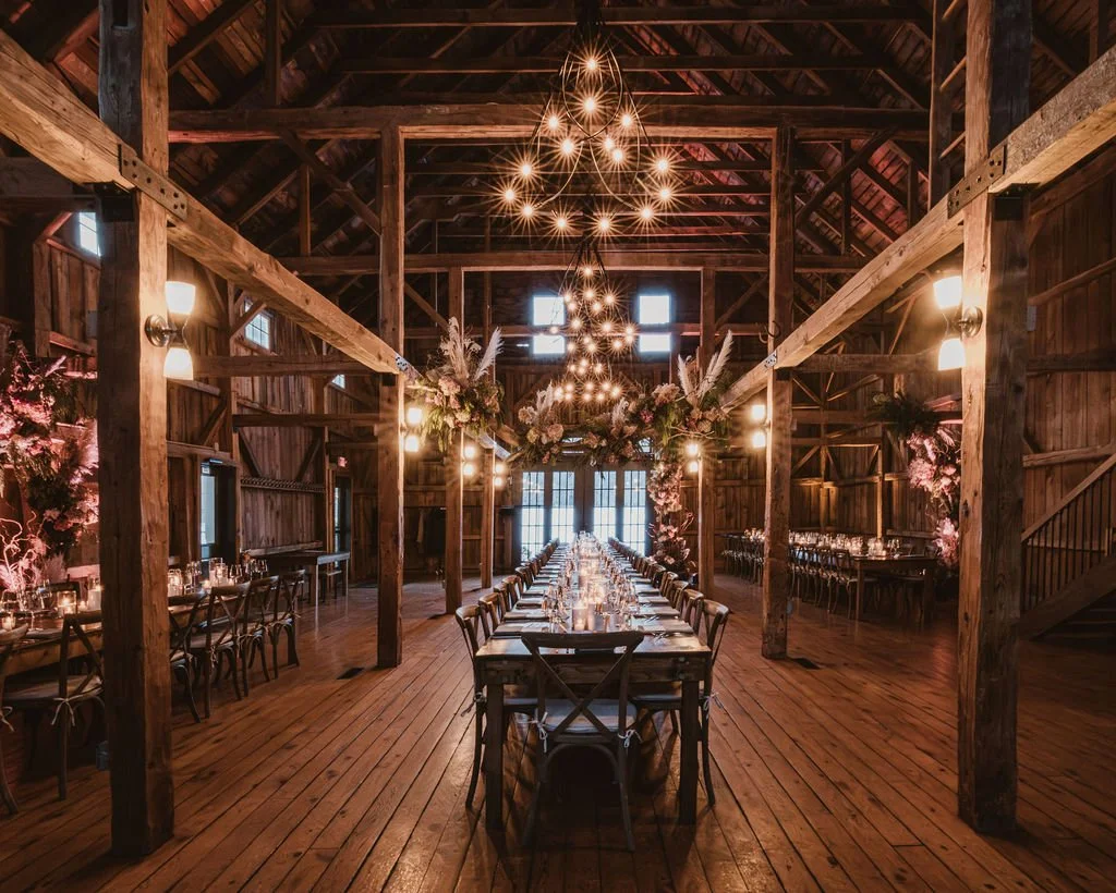 A rustic wedding or event reception in a wooden barn with long tables, elegant floral arrangements, candles, and chandeliers hanging from the ceiling.