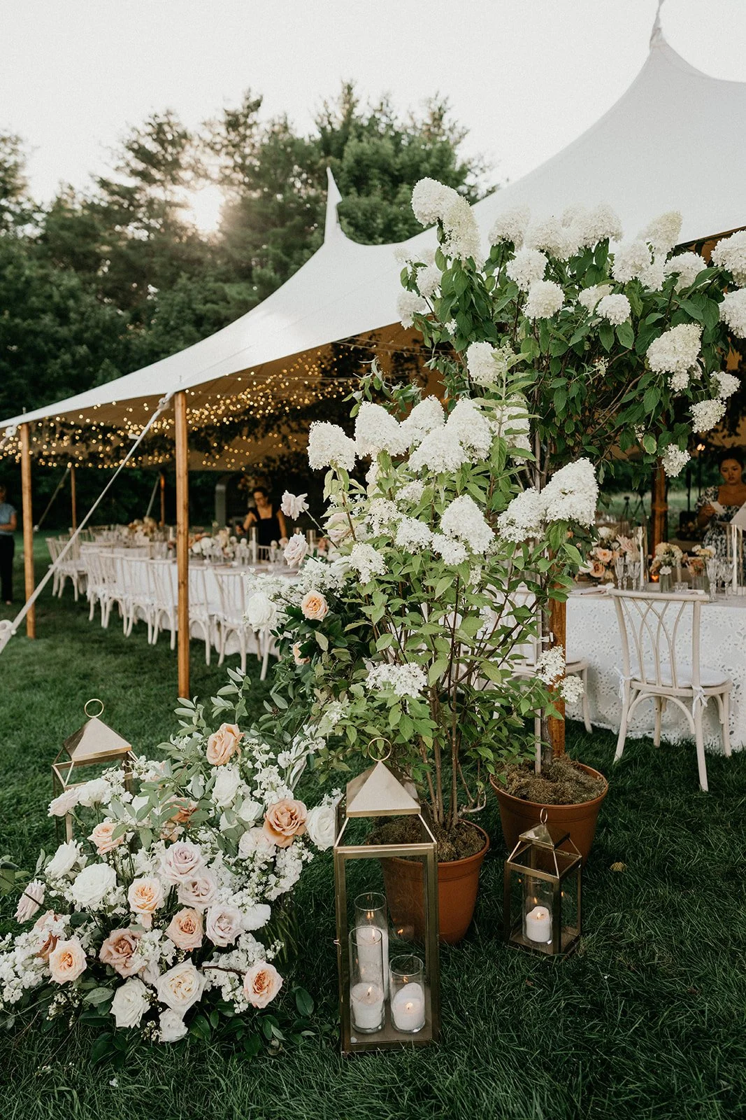 White floral arrangement with hydrangeas and roses, decorative lanterns with candles, and elegant white tent with string lights at an outdoor wedding reception.