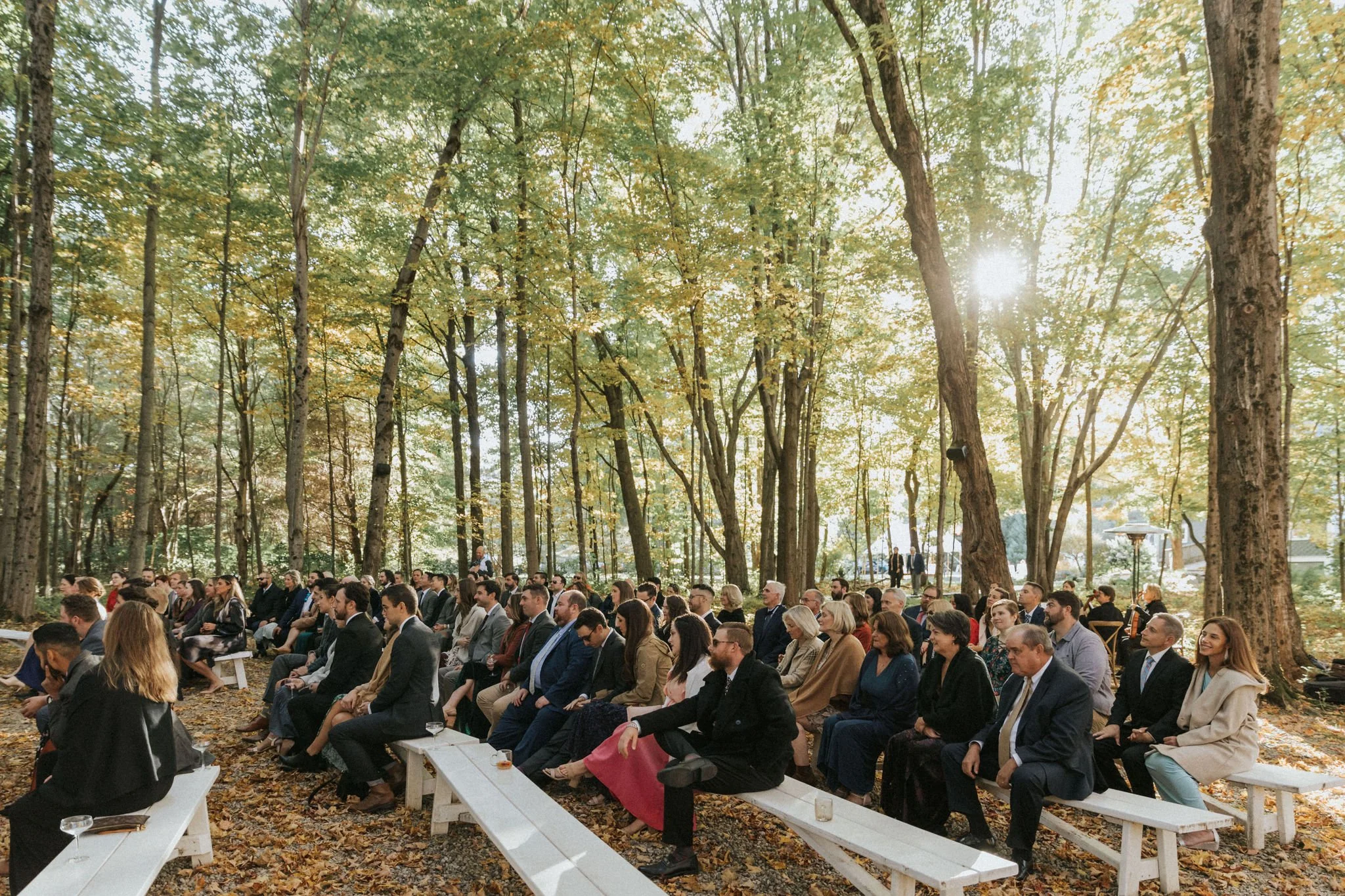 A gathering of people sitting on white benches outdoors in a wooded area during daytime, with sunlight filtering through trees.