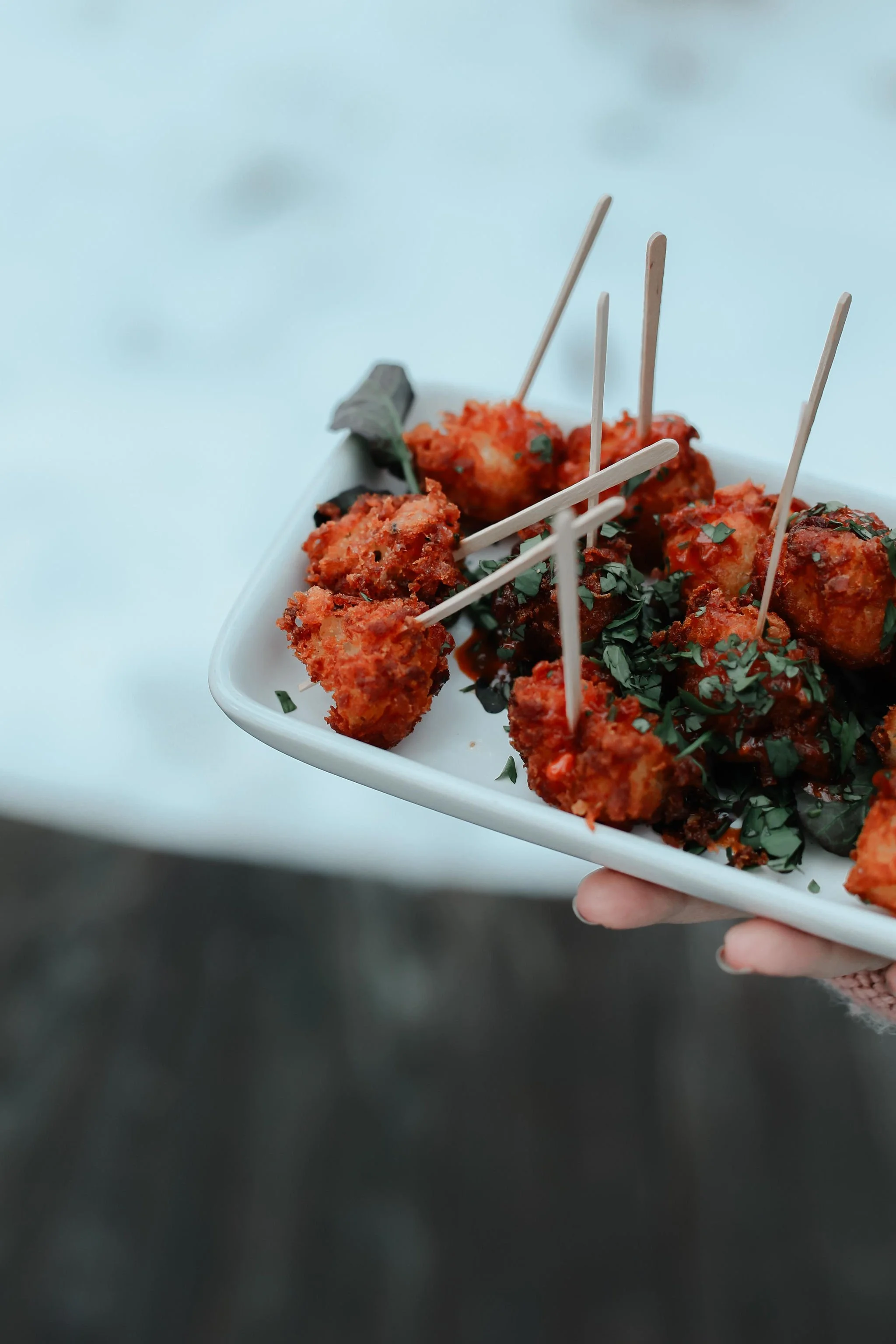 Plate of fried chicken nuggets garnished with chopped herbs and sauce, held by a person.