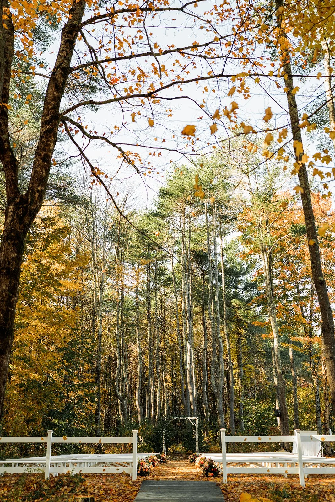 An outdoor ceremony setup in a wooded area with trees and fallen leaves, featuring white fences and floral arrangements.