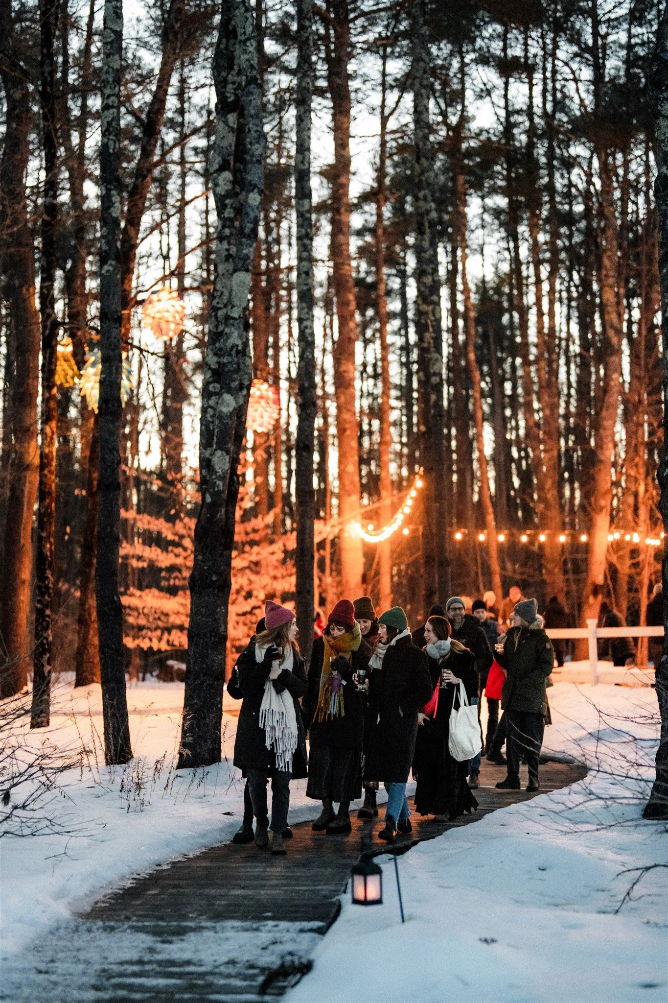 Group of people gathered outdoors on a snowy winter evening, with string lights illuminating the background of tall trees.