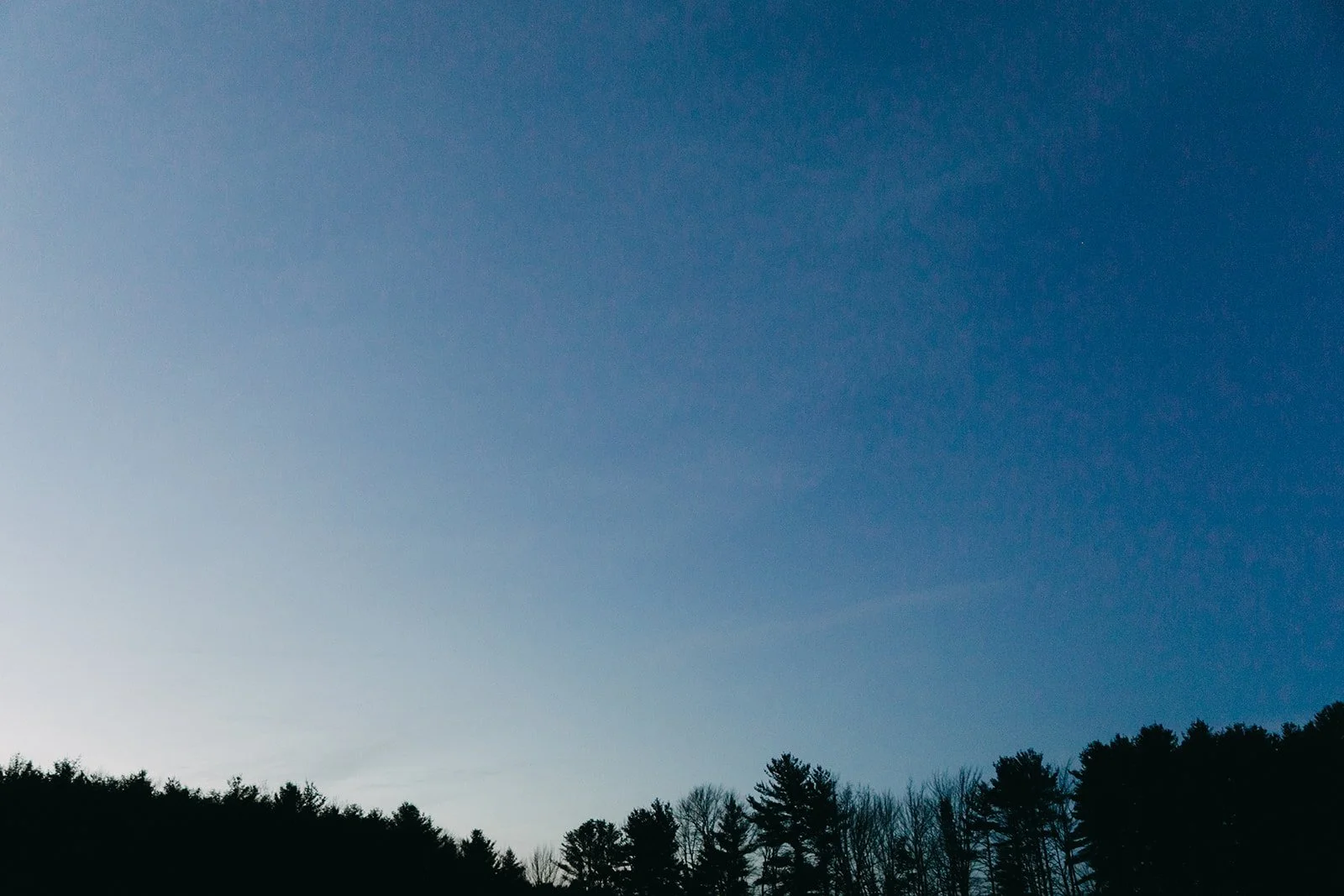 Clear sky with a gradient from light to dark blue and silhouette of trees on the horizon.