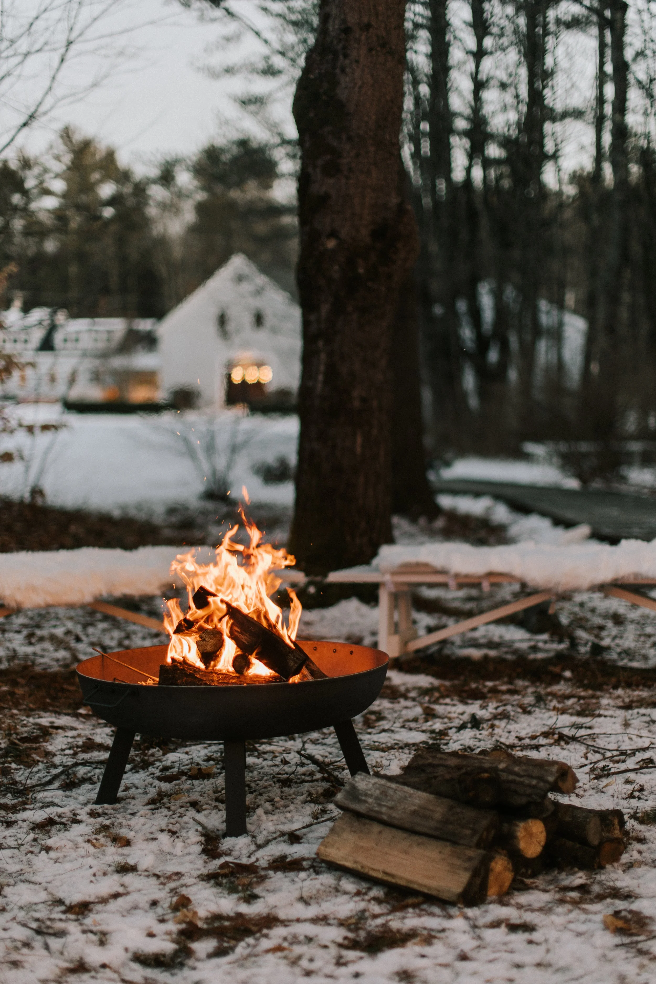 A lit fire pit with burning logs outdoors on snow-covered ground, surrounded by trees and a distant white house with lights on.