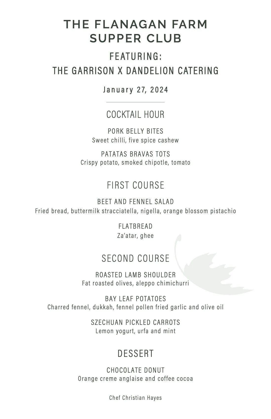 Menu for The Flanagan Farm Supper Club featuring dishes like pork belly bites, patatas bravas tots, beet and fennel salad, flatbread, roasted lamb shoulder, bay leaf potatoes, pickled carrots, and a chocolate donut for dessert, dated January 27, 2024