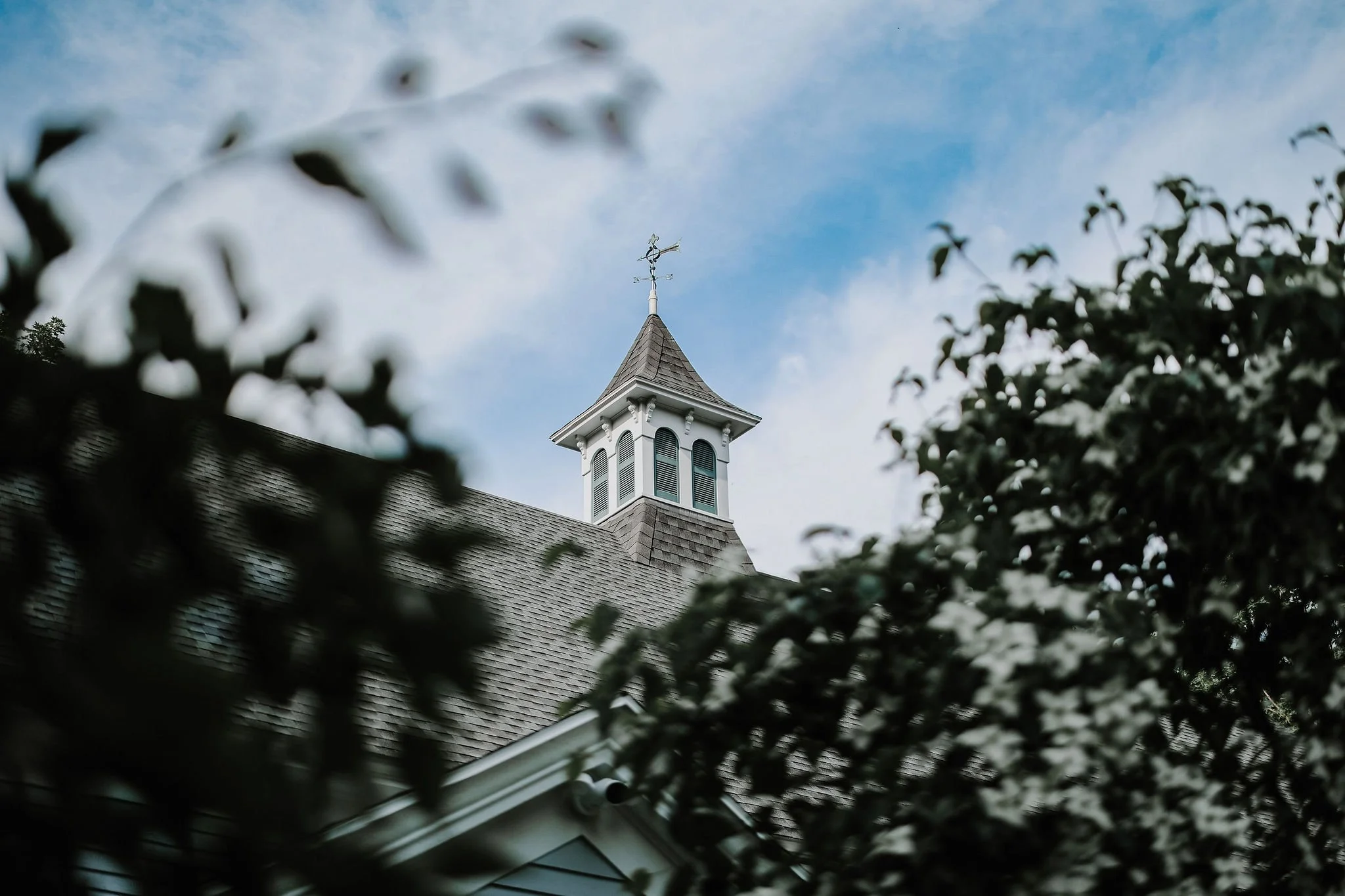 A church steeple with a weather vane, viewed through dark leafy branches, against a partly cloudy sky.