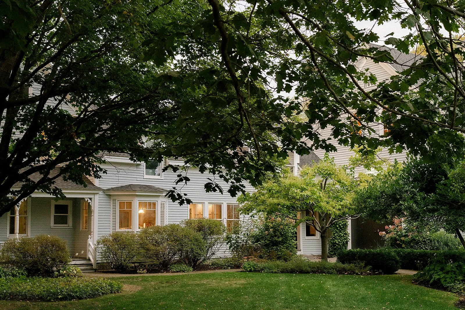 Front yard of a house with greenery, trees, bushes, and a grassy lawn, with part of the house visible through the foliage.