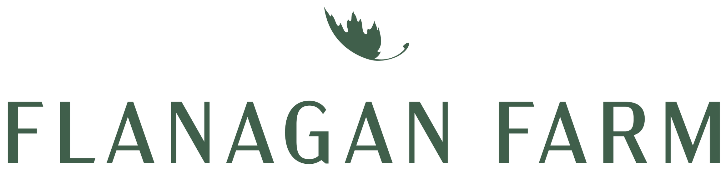 Logo for Flanagan Farm with a dark green leaf above the text.