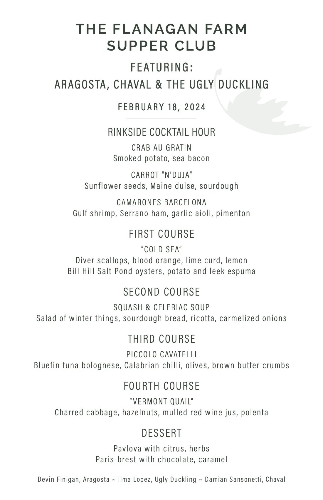 Menu for The Flanagan Farm Supper Club, featuring seafood, shellfish, and gourmet courses set for February 18, 2024, with dishes including crab au gratin, Gulf shrimp, and bluefin tuna bolognese.