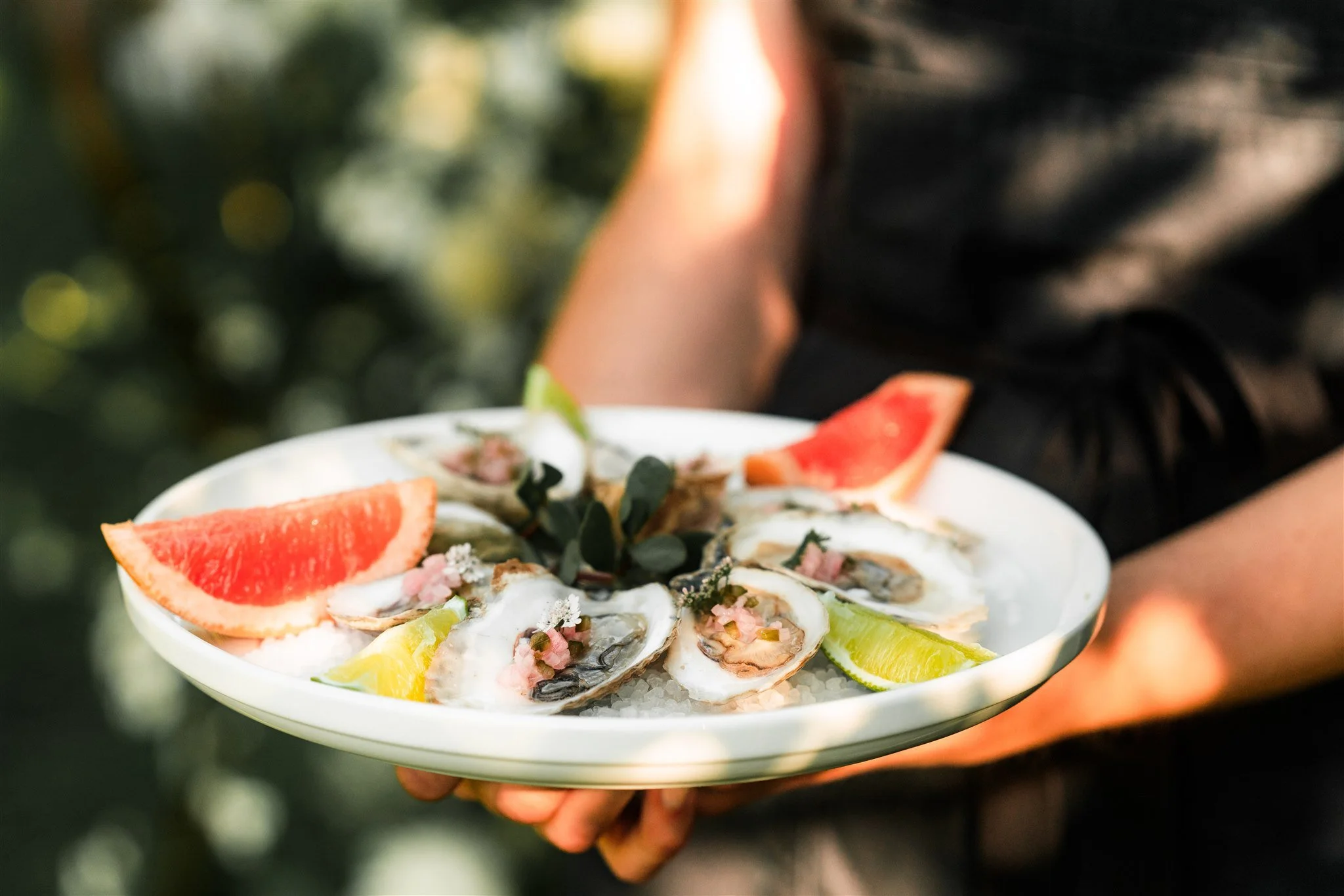 A person holding a white plate with raw oysters garnished with lemon wedges, grapefruit slices, and herbs, outdoors with blurred greenery in the background.