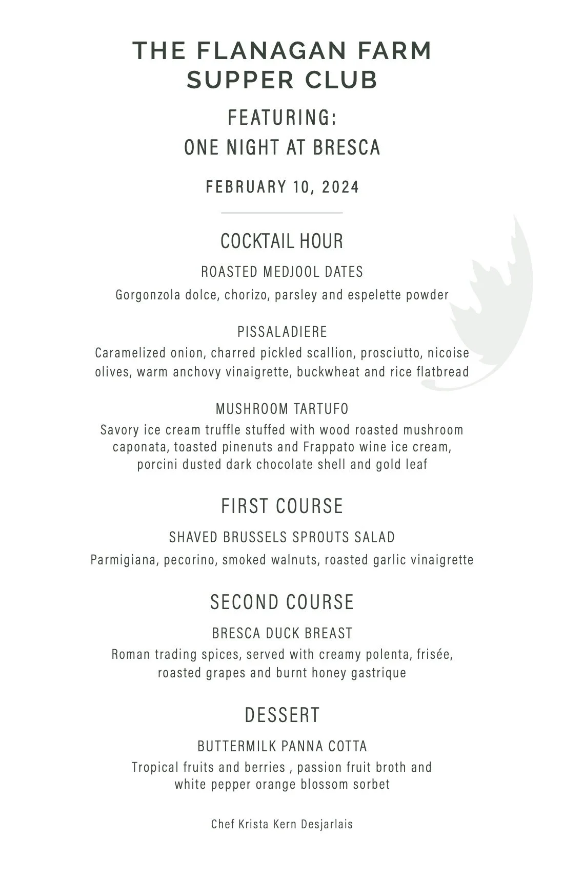 Event flyer for The Flanagan Farm Supper Club with details of a dinner event on February 10, 2024, including menu items like roasted medjool dates, Pissaladiere, mushroom tartuffo, salads, duck breast, and dessert.