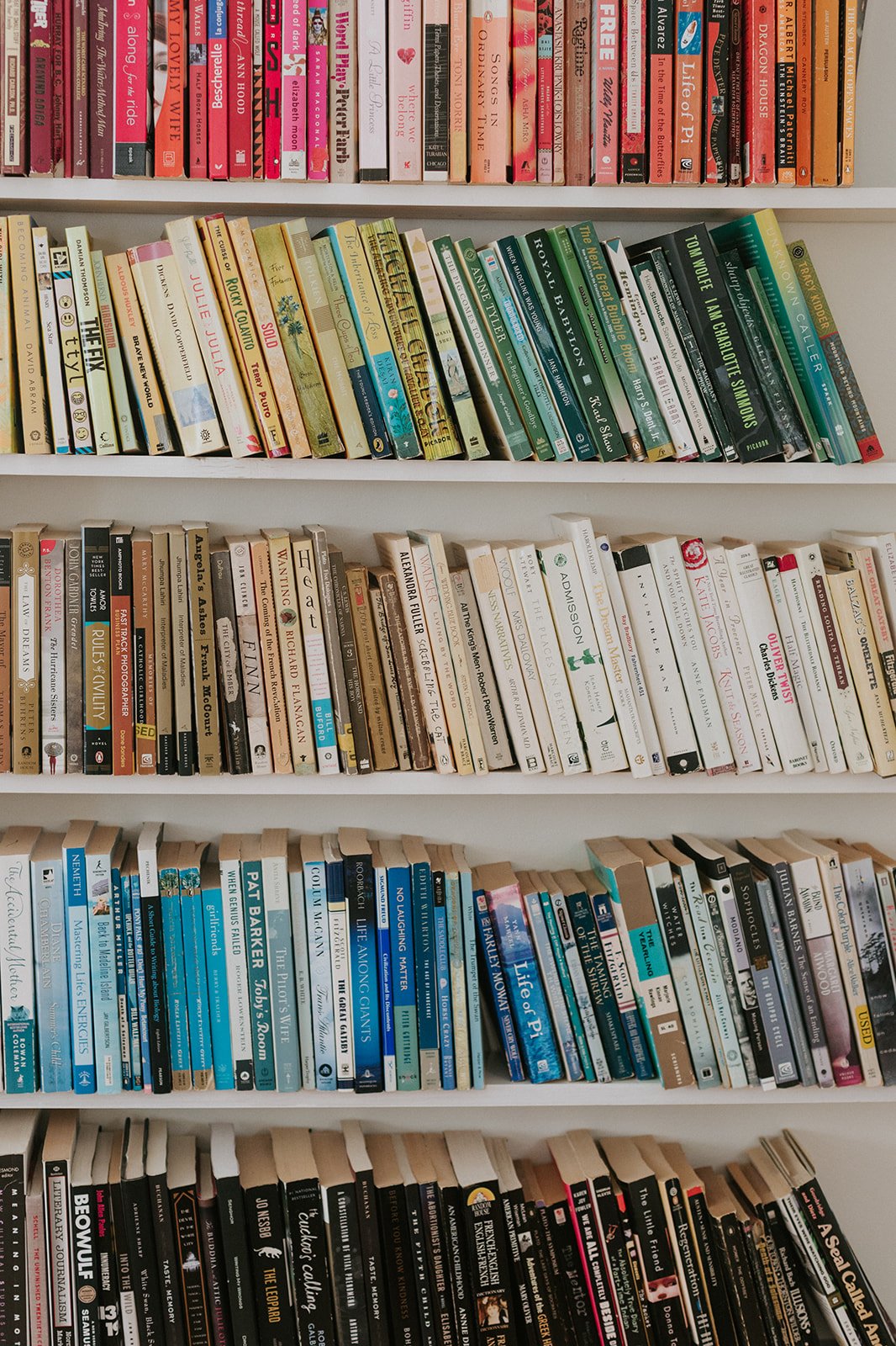 Fiction and non-fiction books organized on white bookshelves, with colorful covers in pink, green, blue, black, and white.