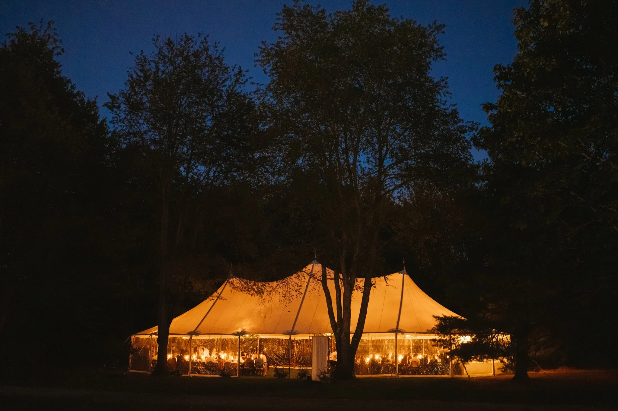 Tent illuminated with string lights at night, surrounded by trees.