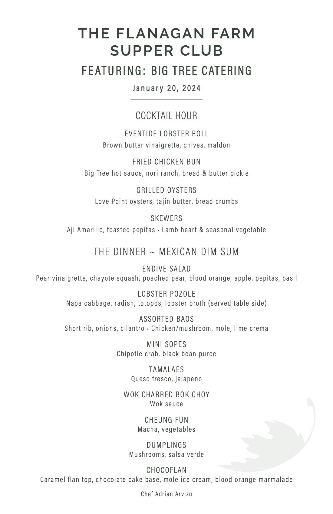 Menu for The Flanagan Farm Supper Club featuring Big Tree Catering, dated January 20, 2024, with cocktail hour and dinner options including seafood, chicken, beef, vegetarian, and dessert.