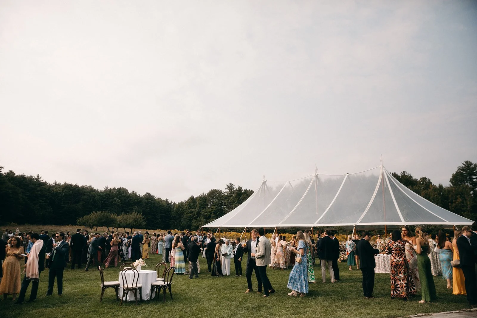 Outdoor wedding reception with guests gathered under a large white tent on a grassy field, surrounded by trees, with tables and chairs.
