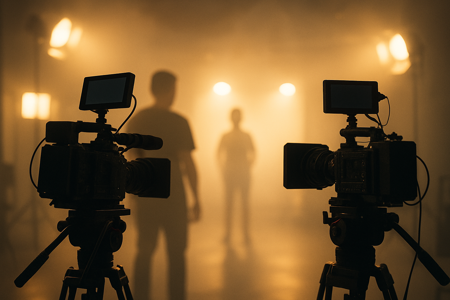 Two professional video cameras on tripods filming a scene with three blurred people in the background, surrounded by warm, diffused lighting.