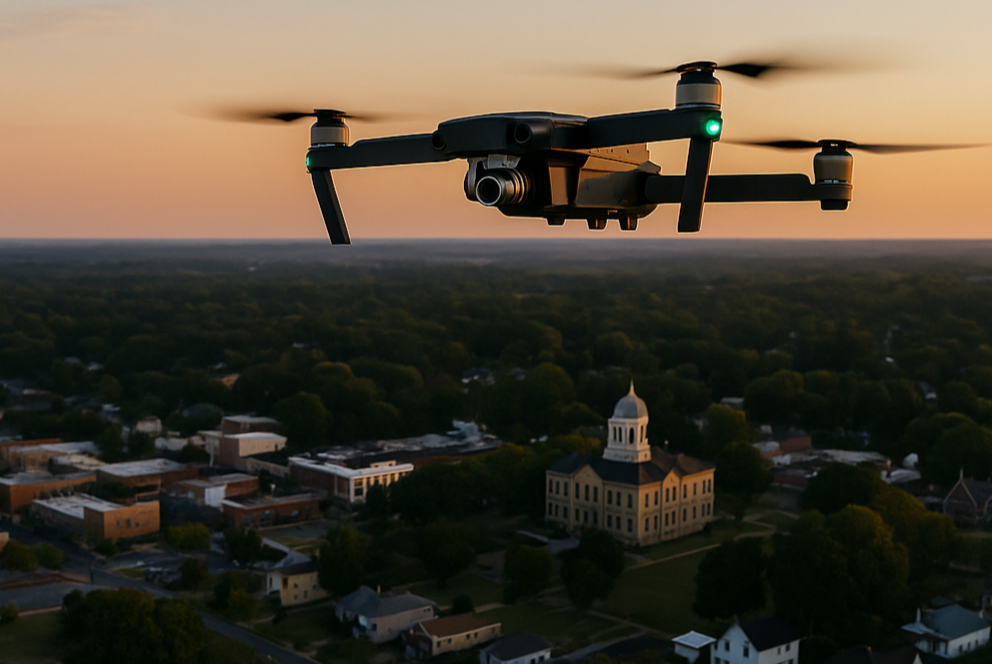 A drone flying over a small town during sunset, with a prominent church in the center and treetops surrounding the buildings.