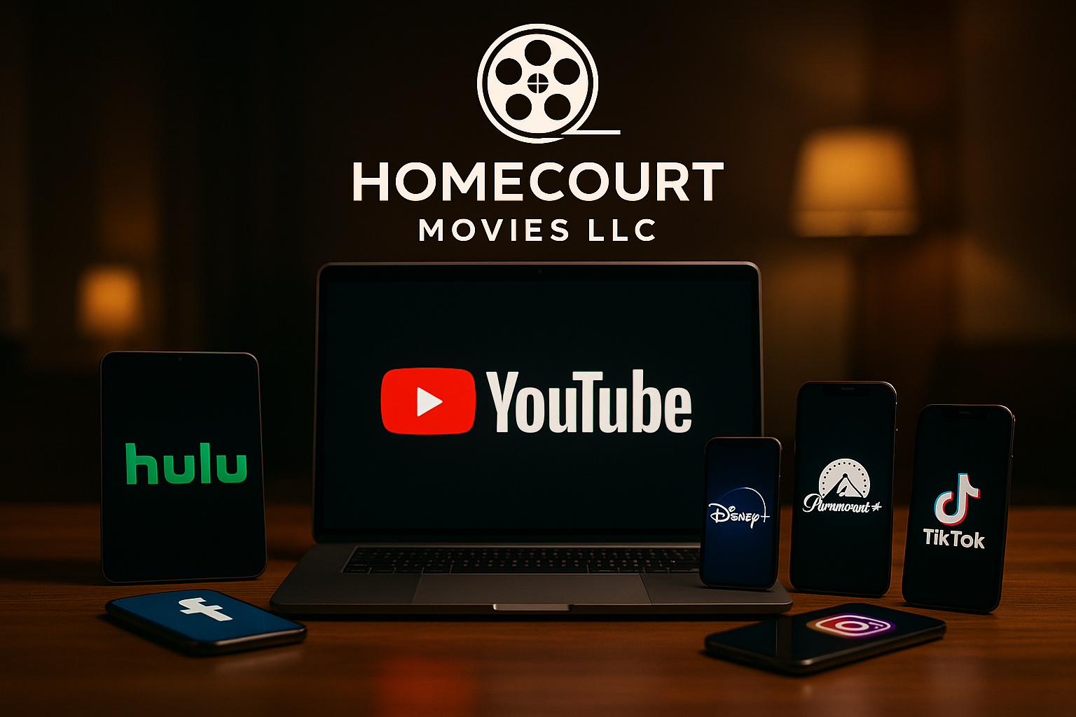 Multiple electronic devices displaying streaming service logos, including YouTube on a laptop, Hulu on a tablet, Facebook on a phone, Disney+ on a phone, Paramount+ on a phone, TikTok on a phone, and Instagram on a phone, with a logo and text for Homecourt Movies LLC in the background.
