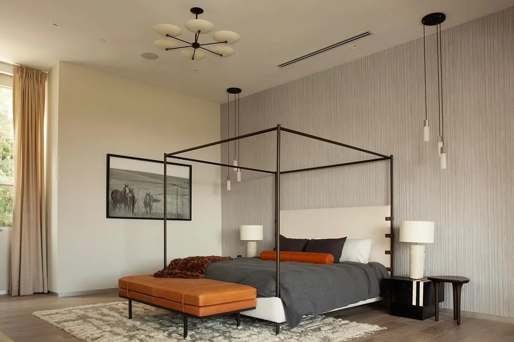 A sexy, masculine primary bedroom with leather accents 🤌 #primarybedroom #interiordesign #bedroom