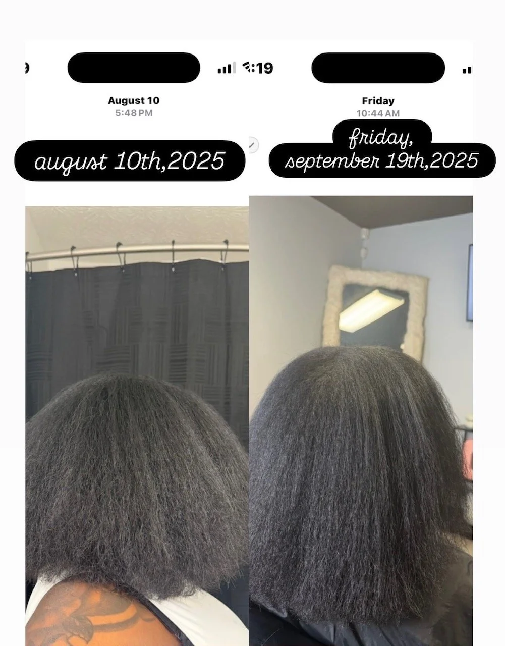 Side-by-side comparison of a person's hair before and after a hair treatment, showing a transition from frizzy, coarse hair to smoother, straighter hair.