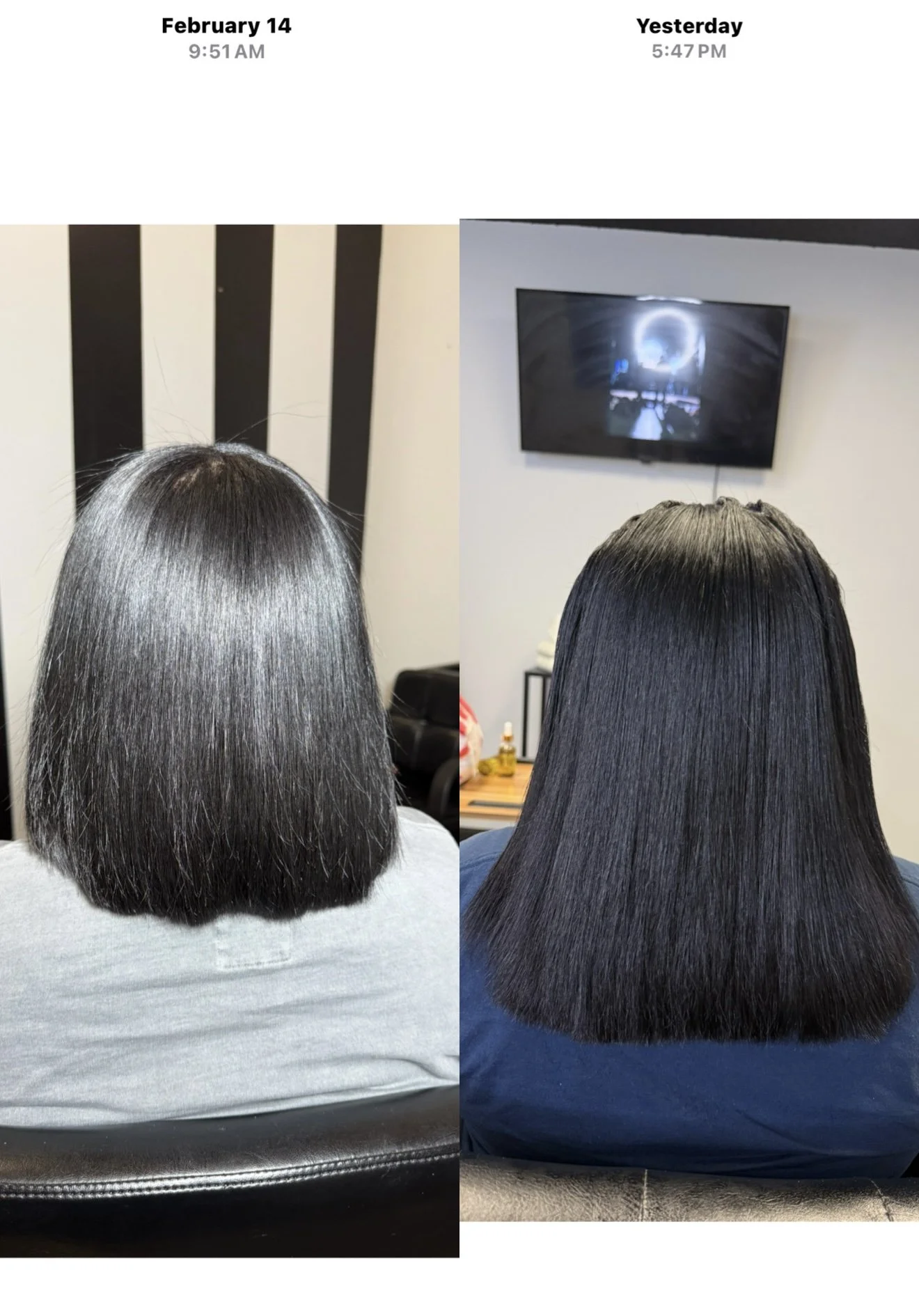 Side-by-side comparison of a woman's hair before and after a professional haircut. The left shows the hair before with a slightly uneven, shorter cut, and the right shows the hair after with a sleek, even, and longer cut. The background on the left shows a striped wall, while the right shows a wall with a mounted TV and some decor.
