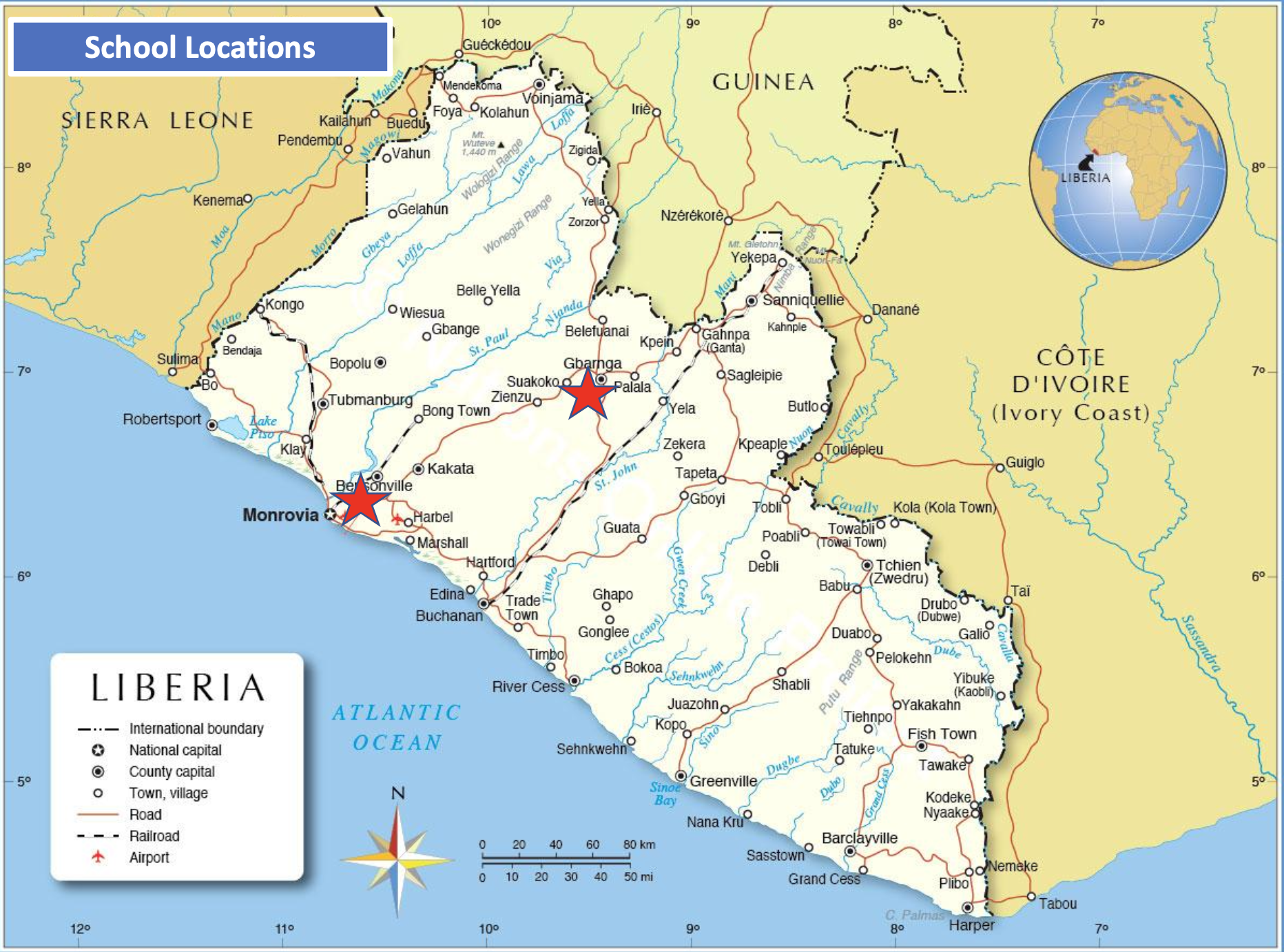 Map of Liberia showing various school locations with two marked with red stars, indicating specific schools in Monrovia and Zorzor, with roads, rivers, and borders labeled.