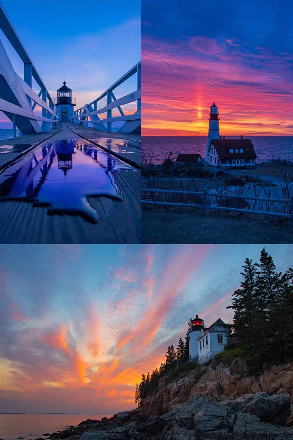 three pictures of lighthouses with sunsets in the background