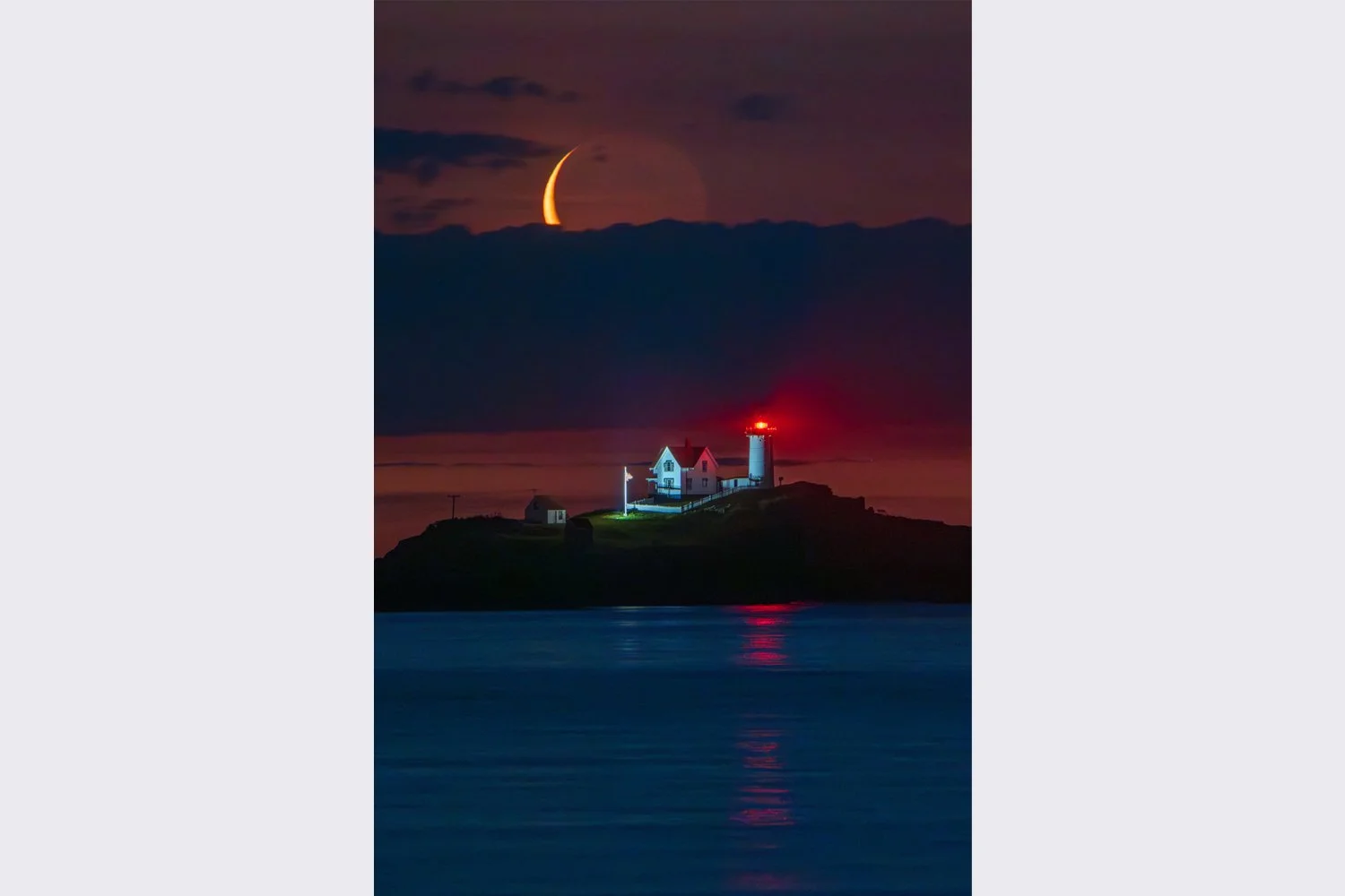 Crescent Moon Over Nubble Lighthouse