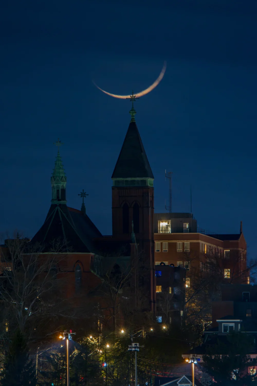Crescent moon over Portland Maine