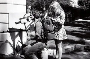 Earl Higgins and Nancy J. Rigg at the White House in 1975 shooting a documentary about the press corps. PHOTO: FRANK JOHNSTON