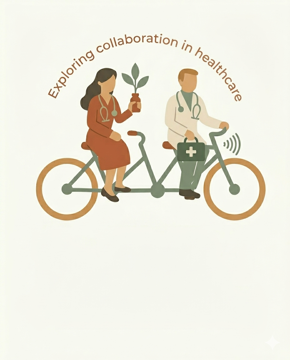 Illustration of a woman and a man in healthcare attire riding a tandem bicycle. The woman holds a potted plant, and the man has a medical bag with a white cross. The text above reads 'Exploring collaboration in healthcare.'