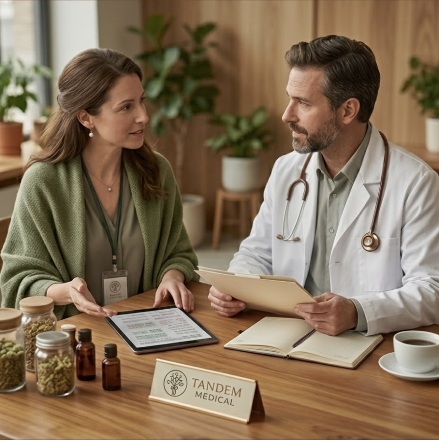 A woman and a male doctor having a consultation in a medical office. The woman is speaking and gesturing with her hands, while the doctor listens attentively holding files. There are jars, bottles, a coffee cup, a tablet, and a notebook on the table. A nameplate reads "Tandem Medical."
