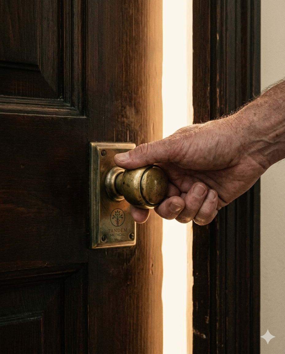 A hand with visible hair and veins is turning a brass doorknob on a dark wooden door.