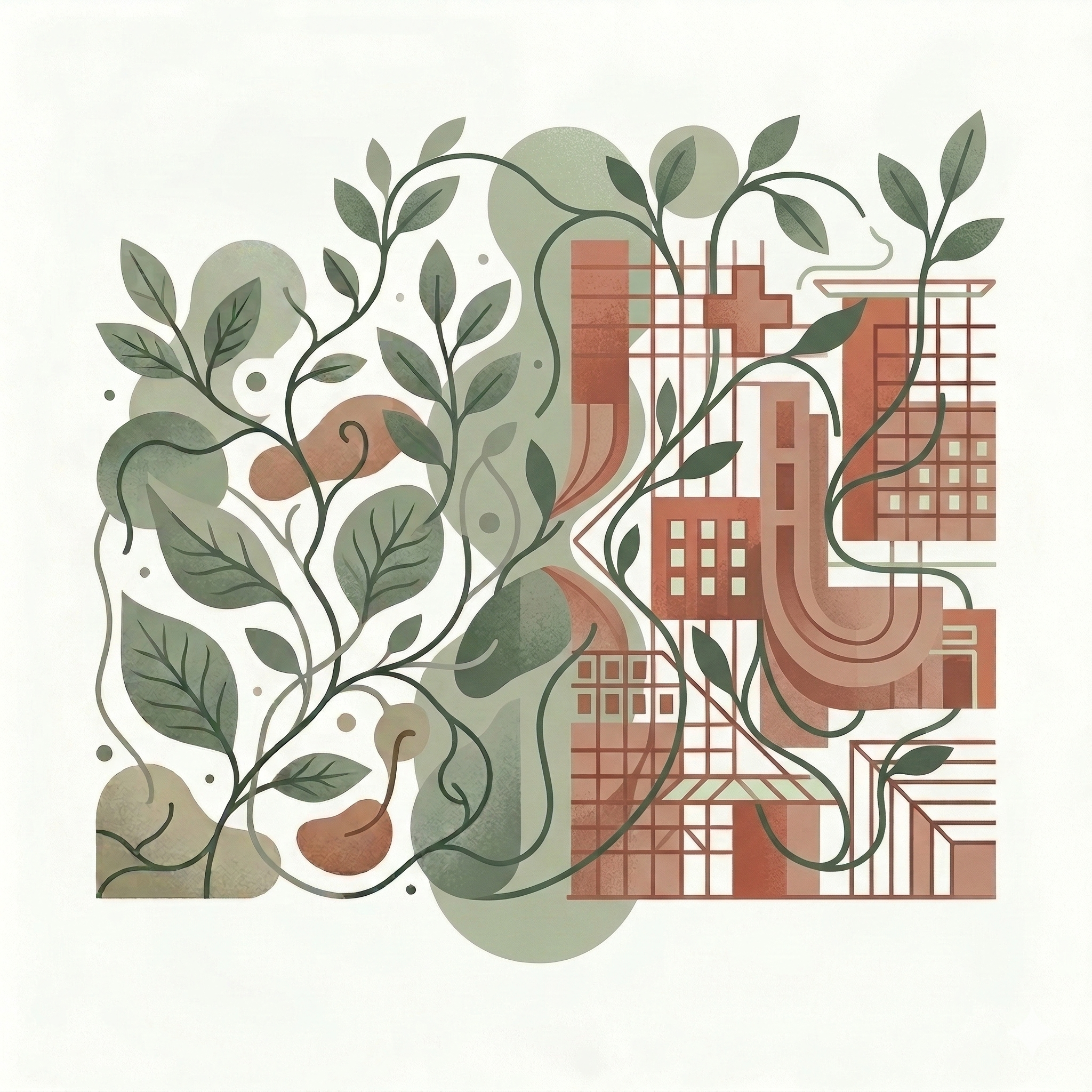 Abstract illustration combining plant elements with a medical facility, including a cross and building structures.