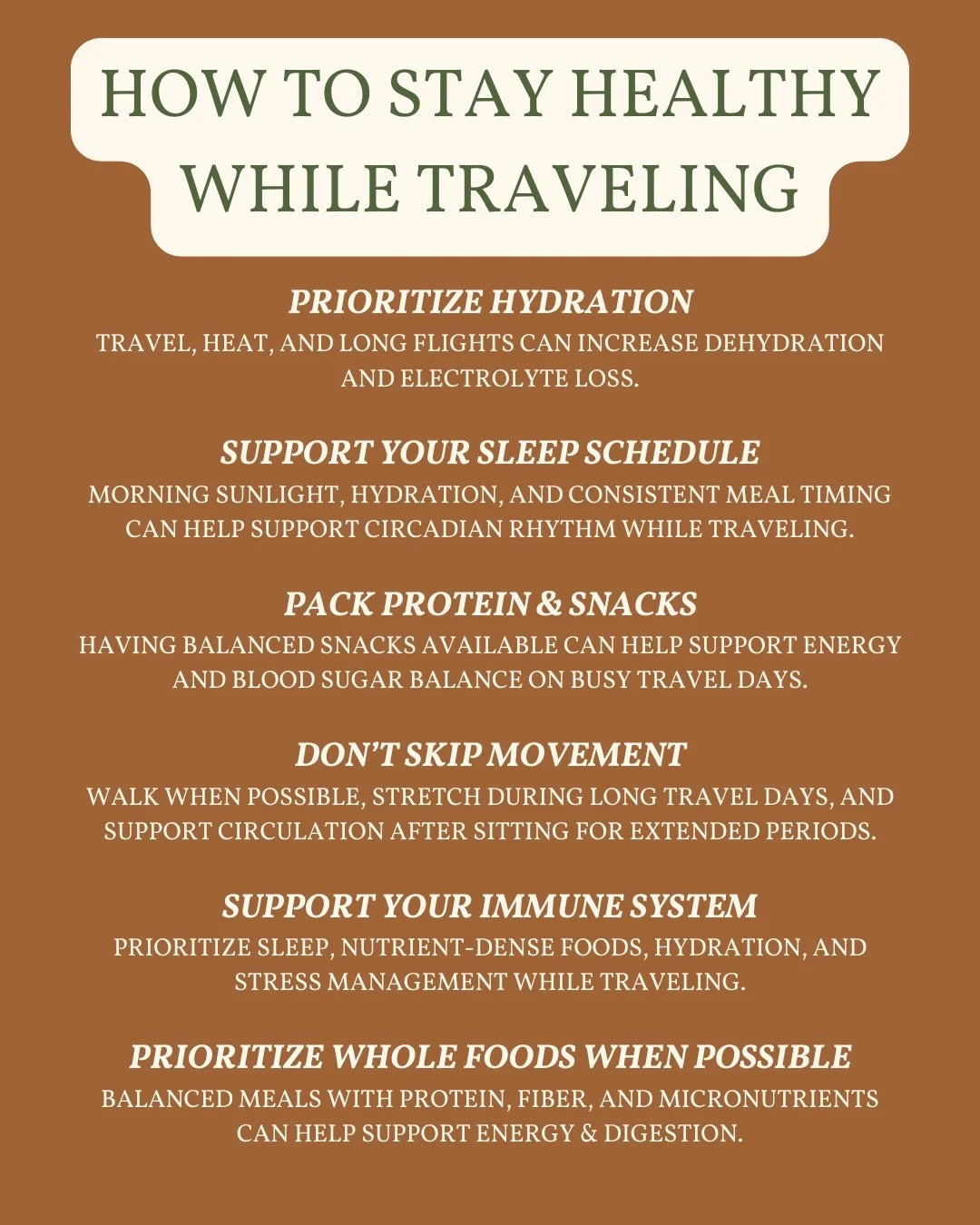 Travel can impact hydration, sleep, digestion, energy levels, and immune health &mdash; especially during busy summer schedules. ✈️☀️

A few simple habits can help support your body while traveling:
&bull; Prioritizing hydration &amp; electrolytes
&b