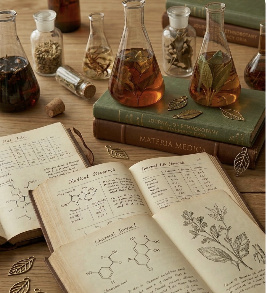 A collection of glass bottles with herbs and liquids, open and closed notebooks with handwritten notes and sketches of chemical structures, and decorative metal leaf shapes on a wooden table, suggesting a herbal medicine or alchemy setting.