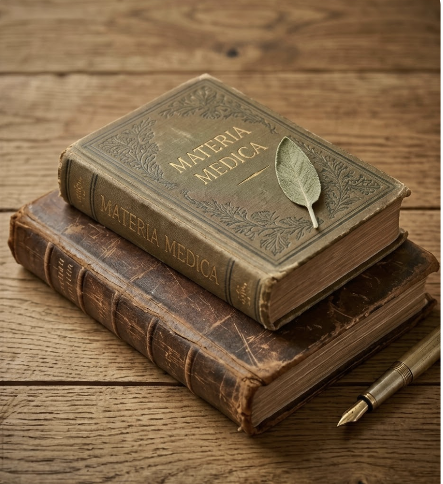 Two vintage books, one titled 'Materia Medica,' stacked on a wooden surface, with a pen nearby and a small leaf resting on the top book.