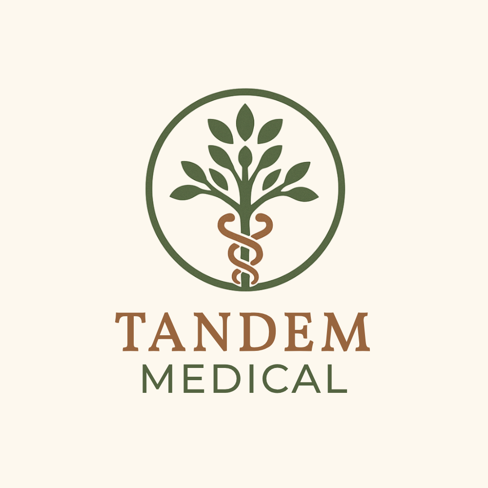 Logo for Tandem Medical featuring a green tree with leaves and a brown caduceus symbol, with the words "Tandem Medical" underneath.