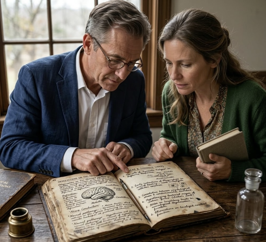 A man and woman sitting at a wooden table, examining an old handwritten medical journal with a brain diagram, in a room with large windows.
