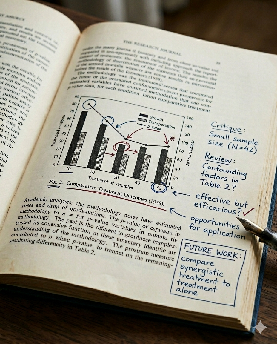 Close-up of an open research journal page with a bar graph illustrating treatment variables and outcomes, handwritten notes and critiques in blue and red ink, and a pen resting on the page.