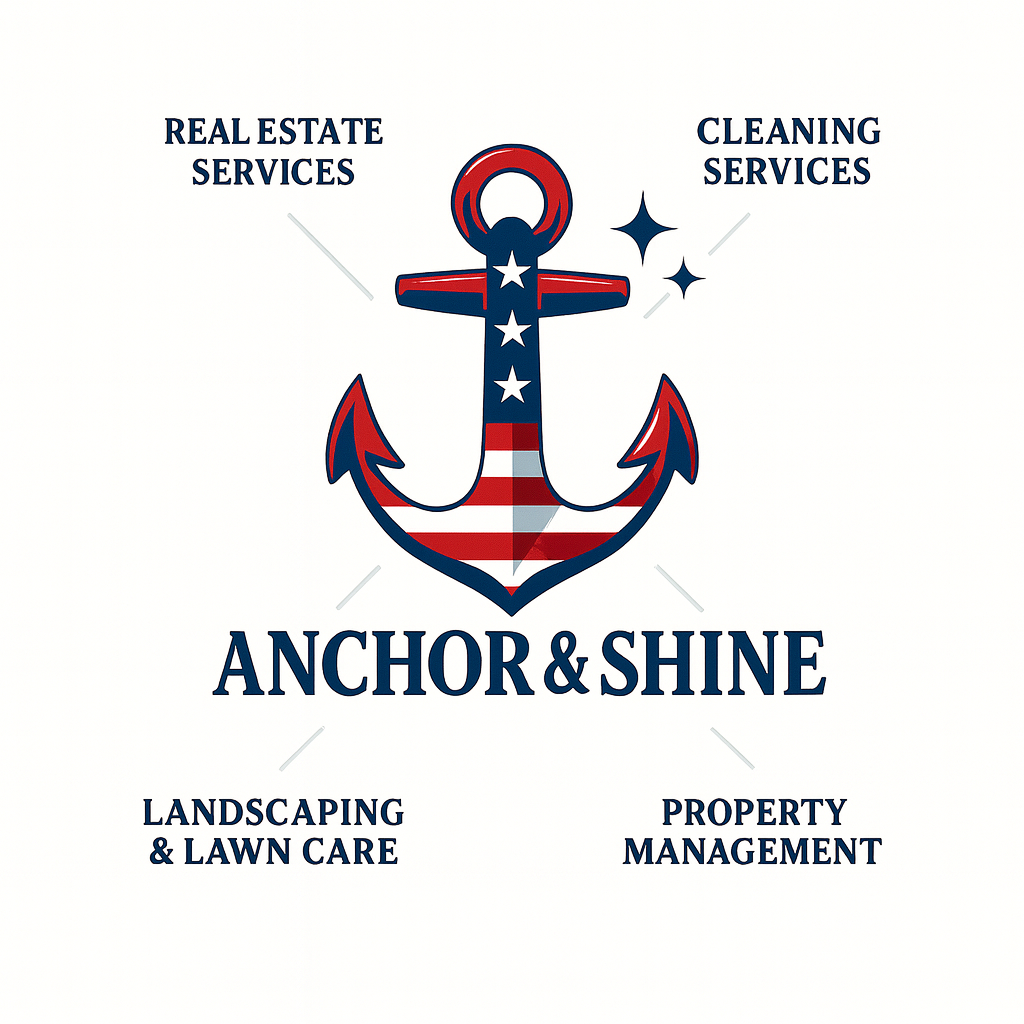 Logo with a navy blue anchor featuring red and white stripes and white stars, with text around it saying 'Real Estate Services', 'Cleaning Services', 'Landscaping & Lawn Care', 'Property Management', and the name 'Anchor & Shine'.
