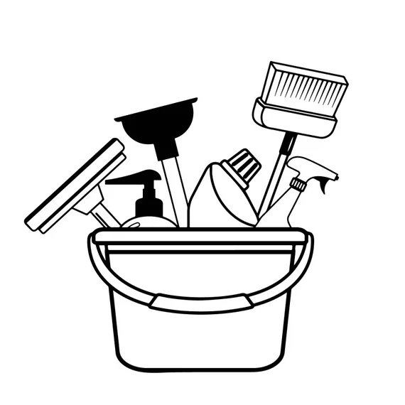 A collection of cleaning supplies and tools in a bucket, including a scrub brush, spray bottle, cleaning spray, and other cleaning accessories.